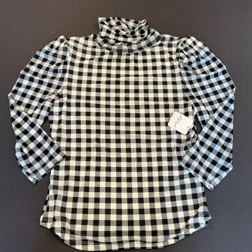 Free People Gather Turtleneck Top Black Combo Gingham Mesh Puff Sleeve M NWT - Picture 6 of 14